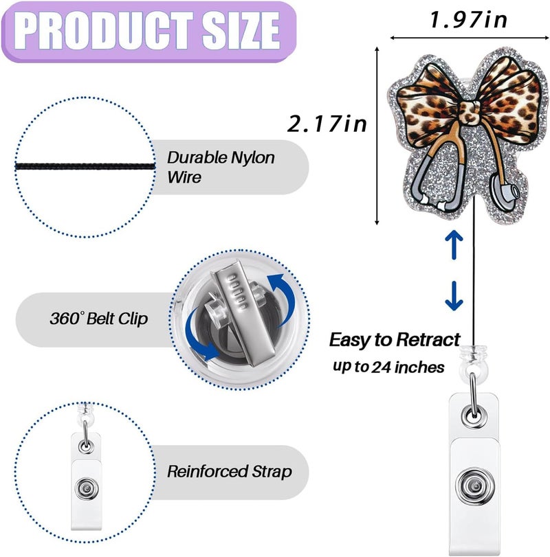 Bydevia Funny Stethoscope Leopard Bow Badge Reel Retractable for Nurse Nursing RN CNA LPN & Medical Assistant, Glitter Cheetah Print Bow ID Badge Holder with Alligator Clip & 24” Durable Nylon Cord | Acrylic - Image 2